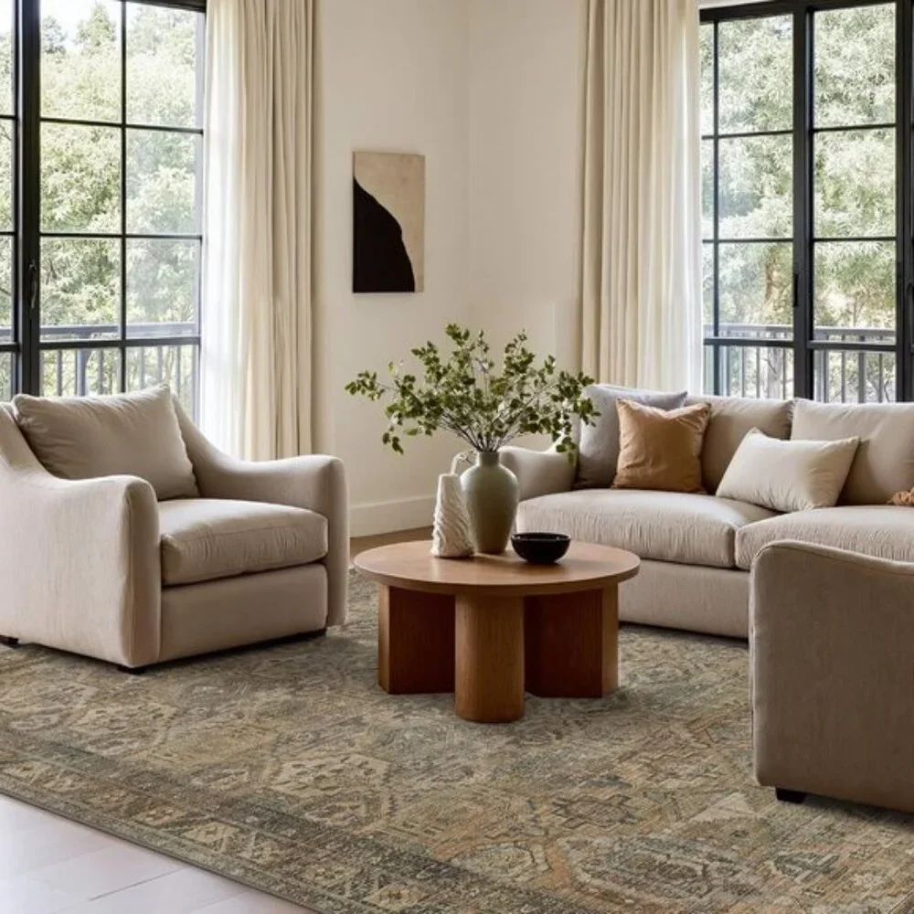 New 5x7 Washable Area Rug, Warm Taupe Vintage Low Pile Non-Slip Carpet for Home